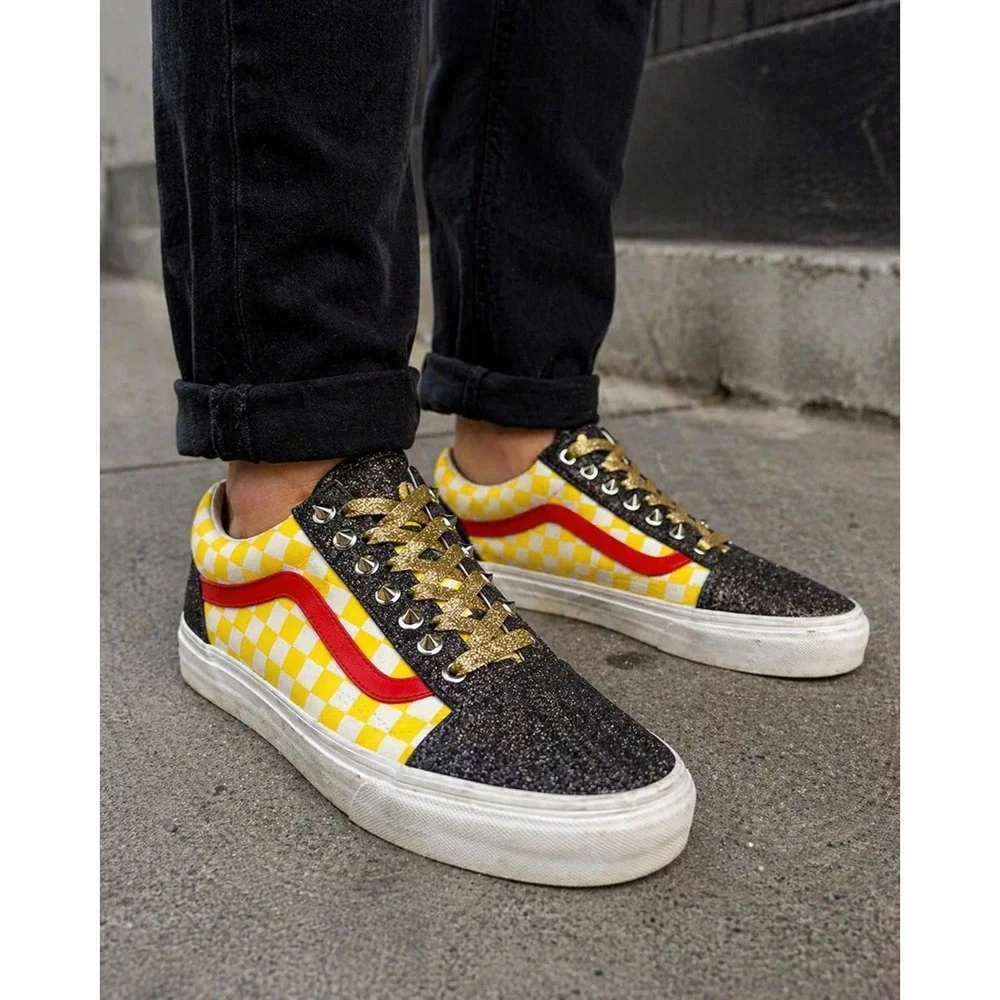 Vans‎ Mens Shoes Sz 12 US 46 EU Yellow Red Gold Glitter Studs Checkerboard White